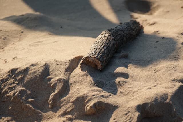 A piece of wood lying on sandy ground with shadows cast over the scene